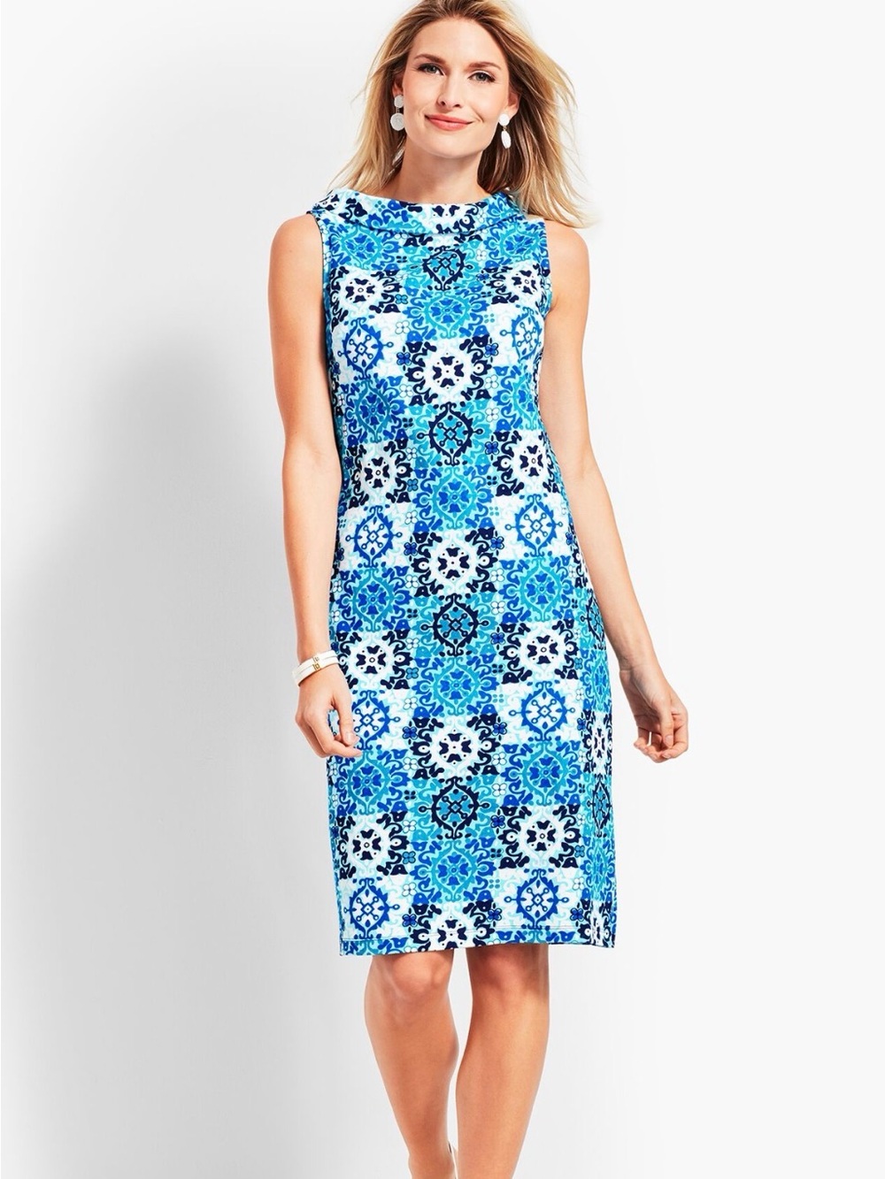 Talbots Blue & White Tile Medallion Patterned Sleeveless Midi Dress
